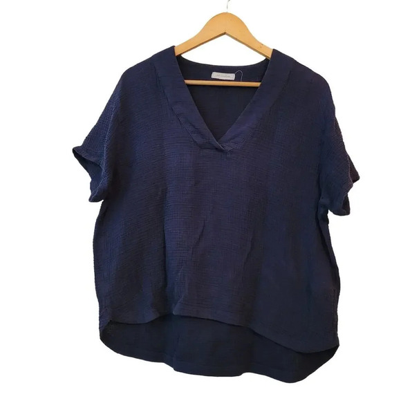 Outerknown Women's Blouse Top M Blue Gauzy Organic Cotton Short Sleeves V-Neck - Picture 1 of 12